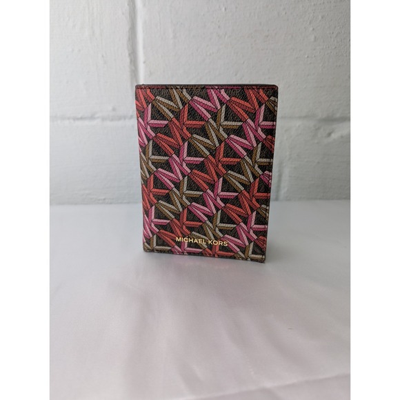 Michael Kors Bedford Travel Passport Wallet Brown multicolor MK Pink Red New